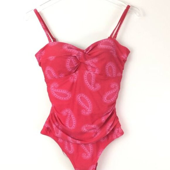 NEW! BODEN SORRENTO One Piece SWIMSUIT Red Paisley Size 8 Bandeau Style - Picture 2 of 8